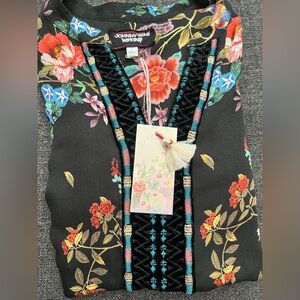 Johnny Was Floral Embroidered Black Top